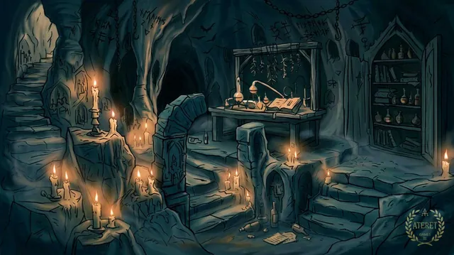 A candlelit cave: stone stairs, a table with flasks and an open book, runes on the walls