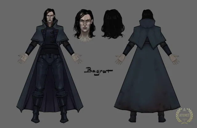 Character concept: a pale man with long black hair in a dark high-collared coat, front and back views