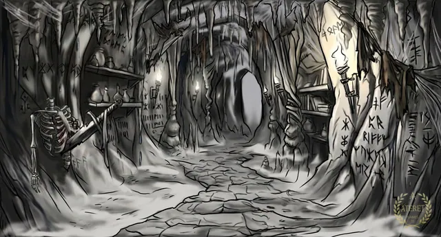 A black-and-white sketch of a cave corridor with runes on the walls, a skeleton and torches