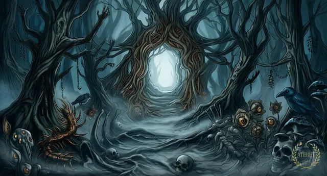 A gloomy forest of intertwined trees, a pale passage deep within, skulls and eyed flowers on the ground