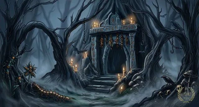 A stone crypt entrance among twisted trees, lined with candles, in fog