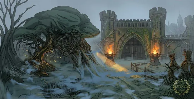 A fortress gate between two towers, braziers beside it and a gnarled tree bent by the wind
