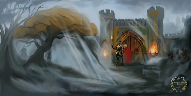 A guard with a torch by the red gate of a fortress, fog and wind bending a tree
