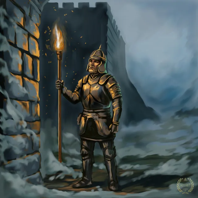 Character concept: an armoured guard with a torch beside the fortress wall in daytime fog