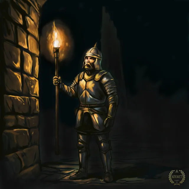 Character concept: an armoured guard holding a torch beside a stone wall at night