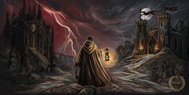 A cloaked priest with a lantern stands at a crossroads in the rain: a cathedral under a crimson sky on the left, a fortress under the moon on the right