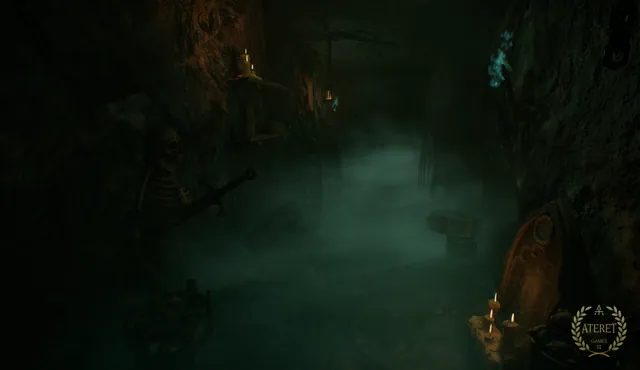 An underground corridor in greenish fog: a skeleton with a sword, candles, a gravestone