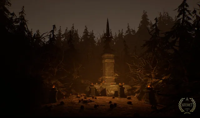 A stone obelisk in a dark forest, skulls and fire braziers at its base