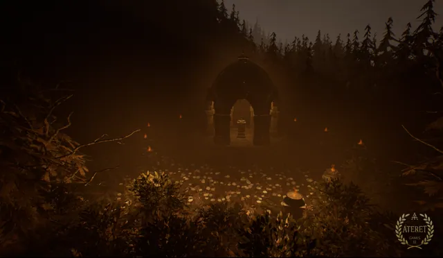 A night clearing in a pine forest: a domed pavilion with small fires burning around it