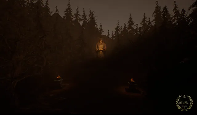 A hooded statue holding candles in a night forest, two braziers in front