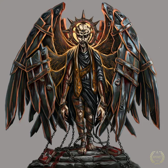 Character concept: a winged figure with a spiked halo, wings covered in eyes, legs bound in chains